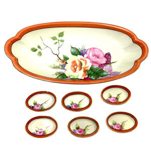 Nippon Vintage Floral Celery Dish & 6 Salt Dishes Orange Gold Trim Japan